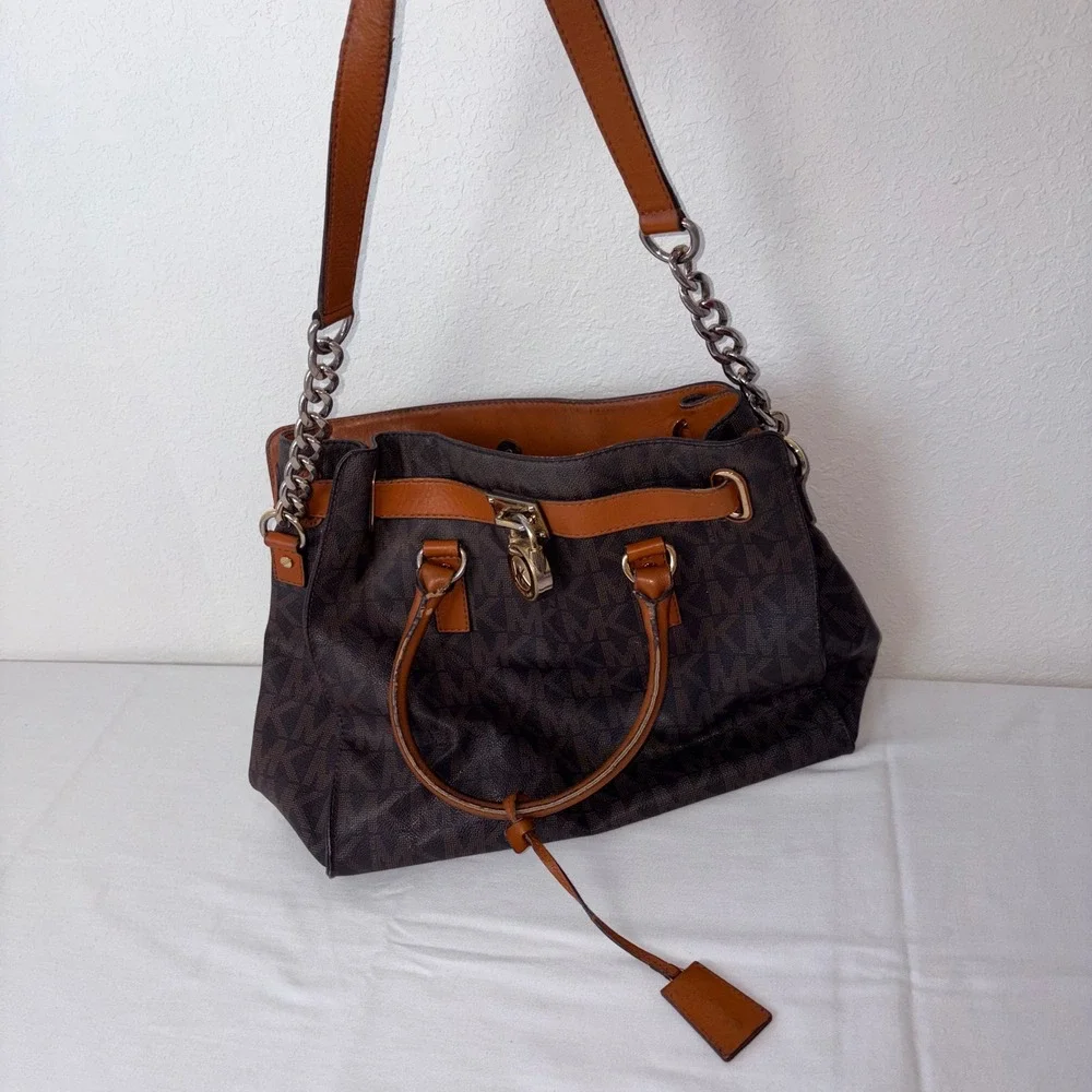 Michael Kors hamilton signiture Monogram Satchel Bag Brown Leather Chain Strap
